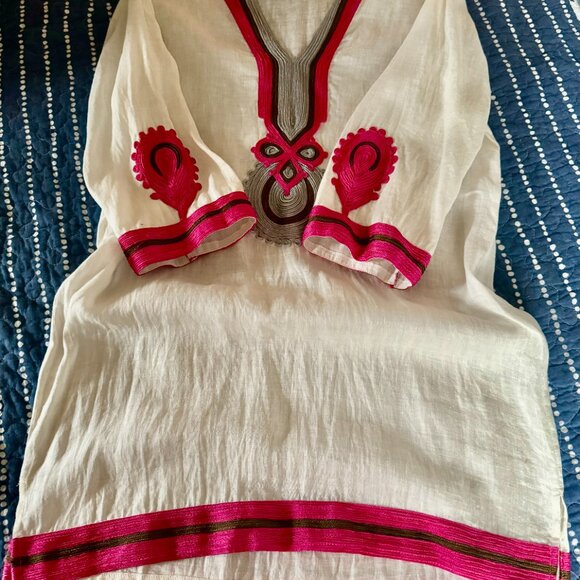 Calypso St. Barth WHITE Linen w/ Embroidered Design 3/4 Sleeve Tunic Top, Sz M - Picture 4 of 11